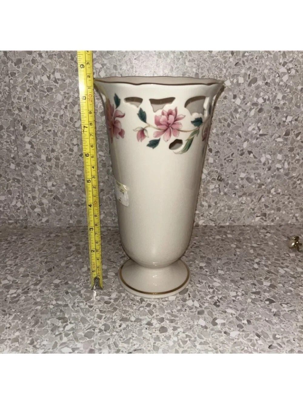 Lenox Barrington Collection Vase Ivory Pink Floral Pierced Lattice Gold Trim